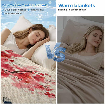 Cooling Throw Blanket 60"x80" for Adults Peach Blossoms Lightweight Breathable Bed Blanket for Hot Sleepers, Spring Summer Floral Birds Burlap Rustic Soft Summer Cool Blankets for Travel, Sofa, Couch