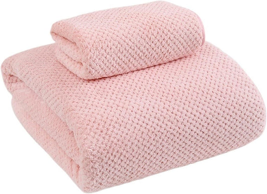 Pineapple Check Bath Two-piece Set, Multi-Color Coral Velvet Bath Towel, homeswimming Each use, Size 75 * 35 cm+(140 * 70/90 * 170) cm, Unisex(Pink,Medium)