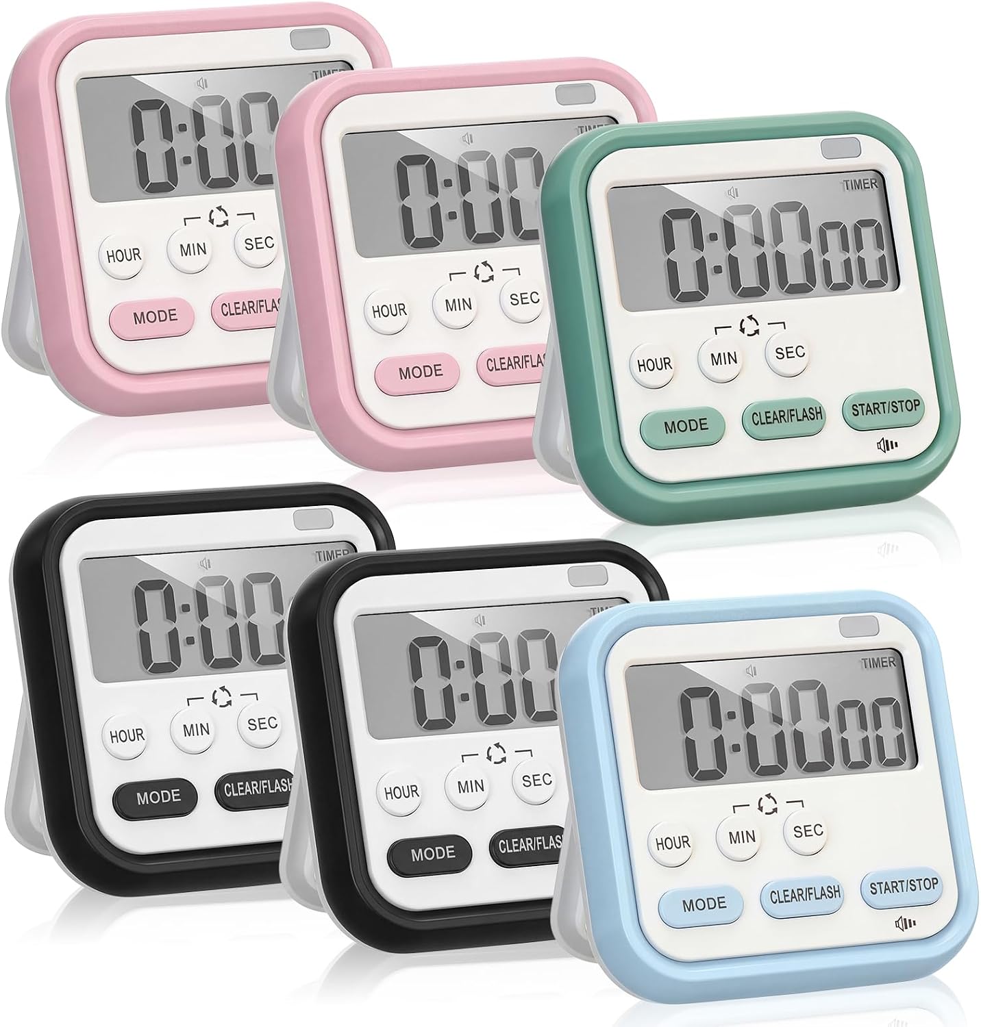Leumoi 6 Pcs Digital Kitchen Timer 24 Hour Clock and Alarm Function Timer On/Off Switch Minute Second Count up Countdown Loud Alarm for Exercise Cook Baking(Black, Pink, Blue, Green)