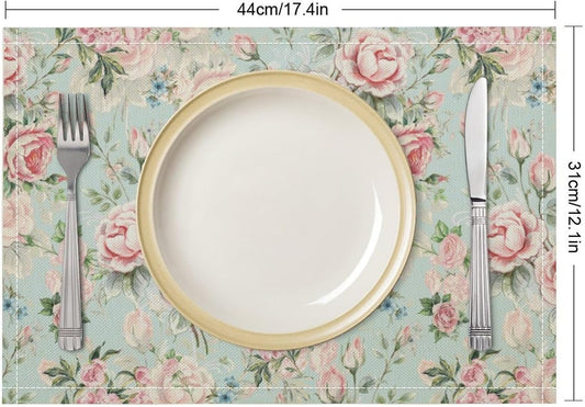 Pink Flowers Placemats Set of 4, 17x12 Inch Rustic Spring Floral Blossom Natural Romantic Table Mats for Home Party Kitchen Dining Decor