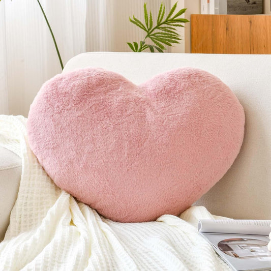 XVTRU Dusty Pink Heart Pillows, Cute Heart Decorative Pillow, Heart Shaped Throw Pillows for Bed, Faux Rabbit Fur Plush Hoom Decor Pillow Cushion for Chair Sofa Living Room (Medium-15.7"x11.8")