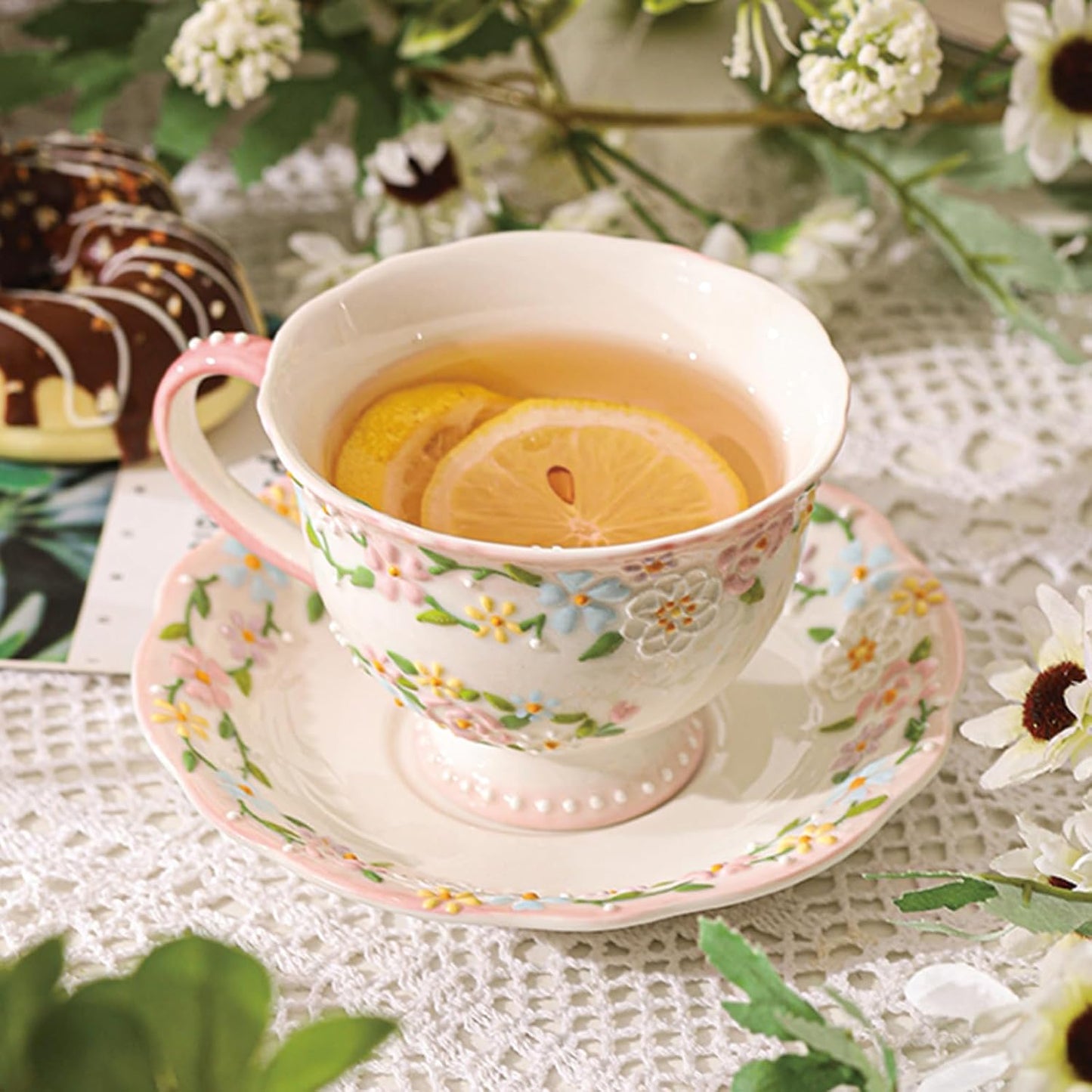 Handmade Ceramic Cup and Saucer Set, 7 Oz Flower Bone China Cappuccino & Tea & Latte Coffee Cup For Women Tea Party & Christmas & Mother's Day(1 Set, Pink)
