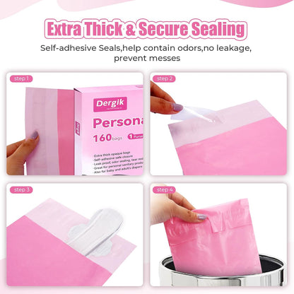 Sanitary Napkin Individual Disposal Bags, 160 Pcs Opaque Personal Care Disposable Bag, Secure Closure, Odor Control, for PadsTampons Women Period Small Trash Bag,With Pouch, Pink, Packaging May Vary
