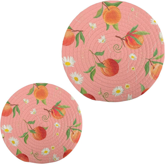 2 Pcs Peach Pattern with Daisy Round Cotton Trivets Pot Holders, Hot Pads Pure Cotton Stylish Coasters for Boho, Farmhouse, Kitchen Decor