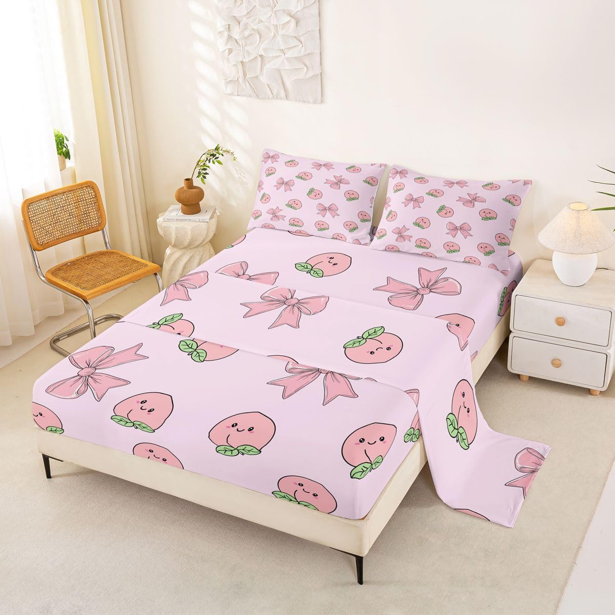 Erosebridal Bowknot Bed Sheets Set King Peach Sheet Set Cute Cartoon Peaches Kawaii Pink Bow Sheets Fruit Princess Ribbon Bowtie Flat Fitted Sheet