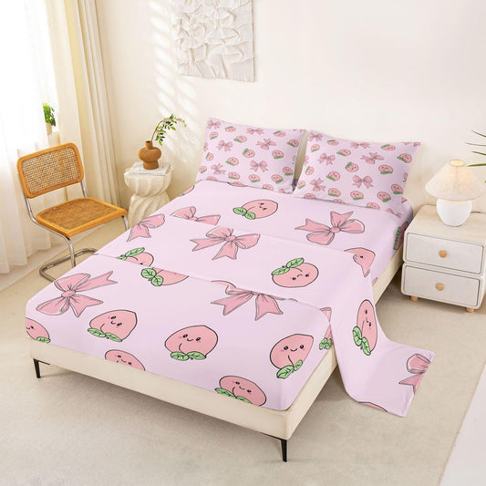 Erosebridal Bowknot Bed Sheets Set King Peach Sheet Set Cute Cartoon Peaches Kawaii Pink Bow Sheets Fruit Princess Ribbon Bowtie Flat Fitted Sheet
