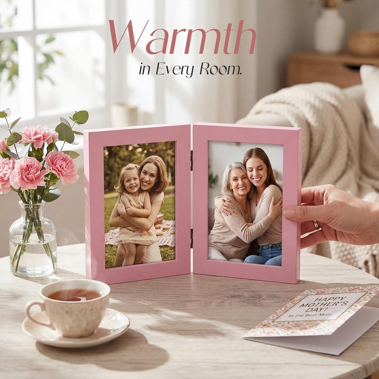 Giftgarden 4x6 Double Picture Frame, 4 by 6 Hinged Folding Photo Frame for Tabletop Display, Pink