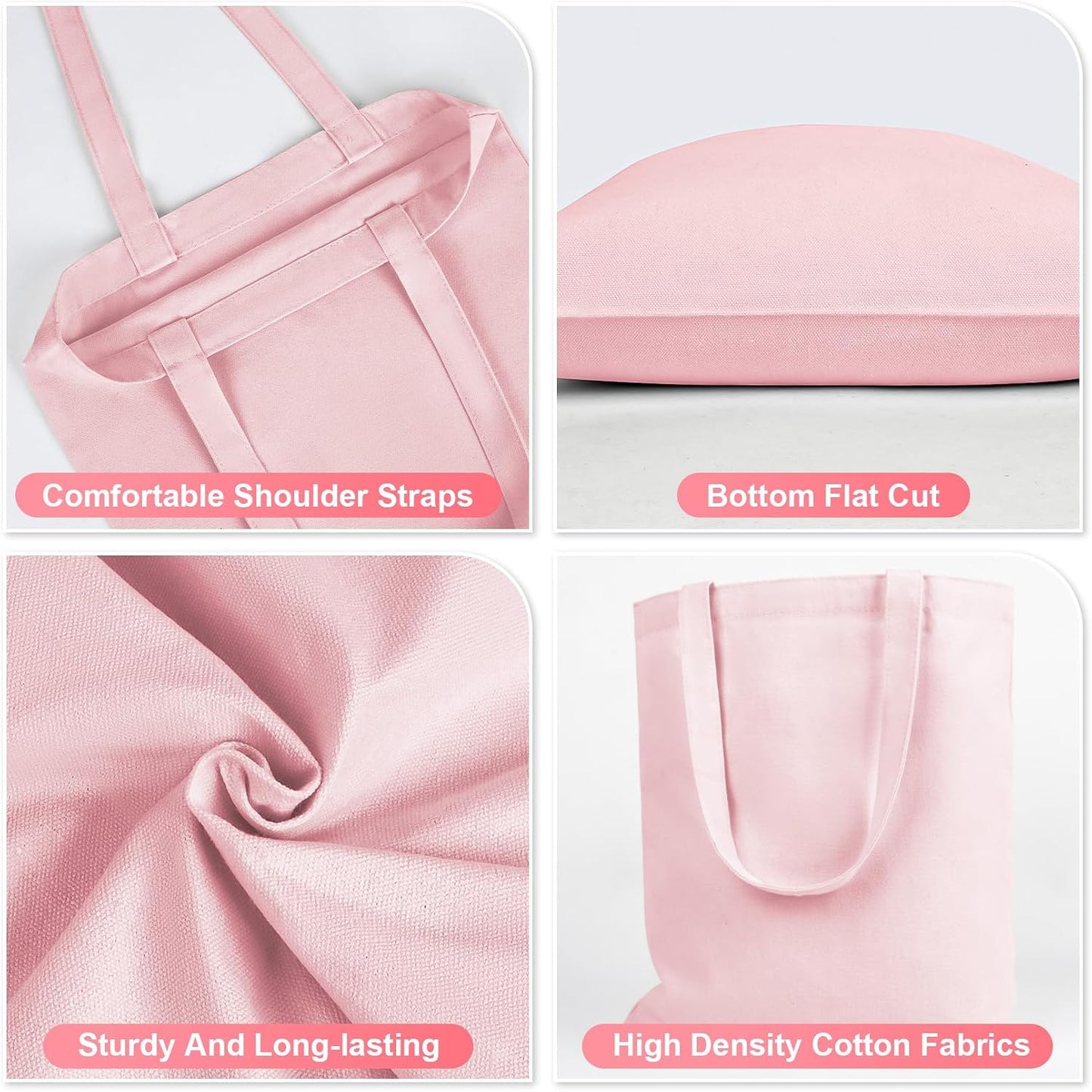 RAINFLOW Canvas Tote Bag - 4 PCS Pink Cotton Canvas Reusable Grocery Shopping Blank Tote Bag with Handles for Crafts DIY, Gift, Advertising Activity