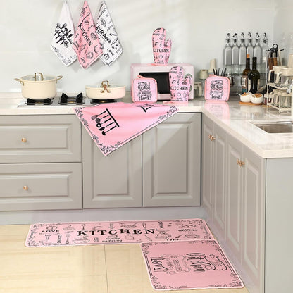 Fourluoo 10 Pcs Funny Pink Kitchen Decor Set 4 This Kitchen is Seasoned with Love Dish Towel 2 Pot Holders with Sayings 2 Oven Mitts Glove Rustic Non Slip Rug and Mat for Home Decoration Mom Gift