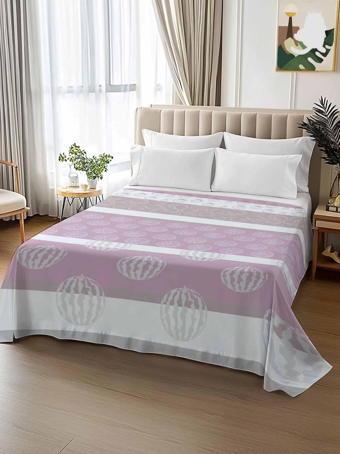 Twin XL Size Flat Sheet Only, Farm Fruits Soft Brushed Microfiber Bed Sheets, Watermelon Lemons Peach Pink Grey Striped Hotel Quality Breathable Bedding Top Sheet, Easy Care, 66"x102"