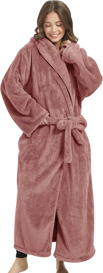 Women's robe with Hood,Soft Long Towel Robes for Women,Teddy Fleece bathrobe for women Soft Warm Hooded Lounge Robe
