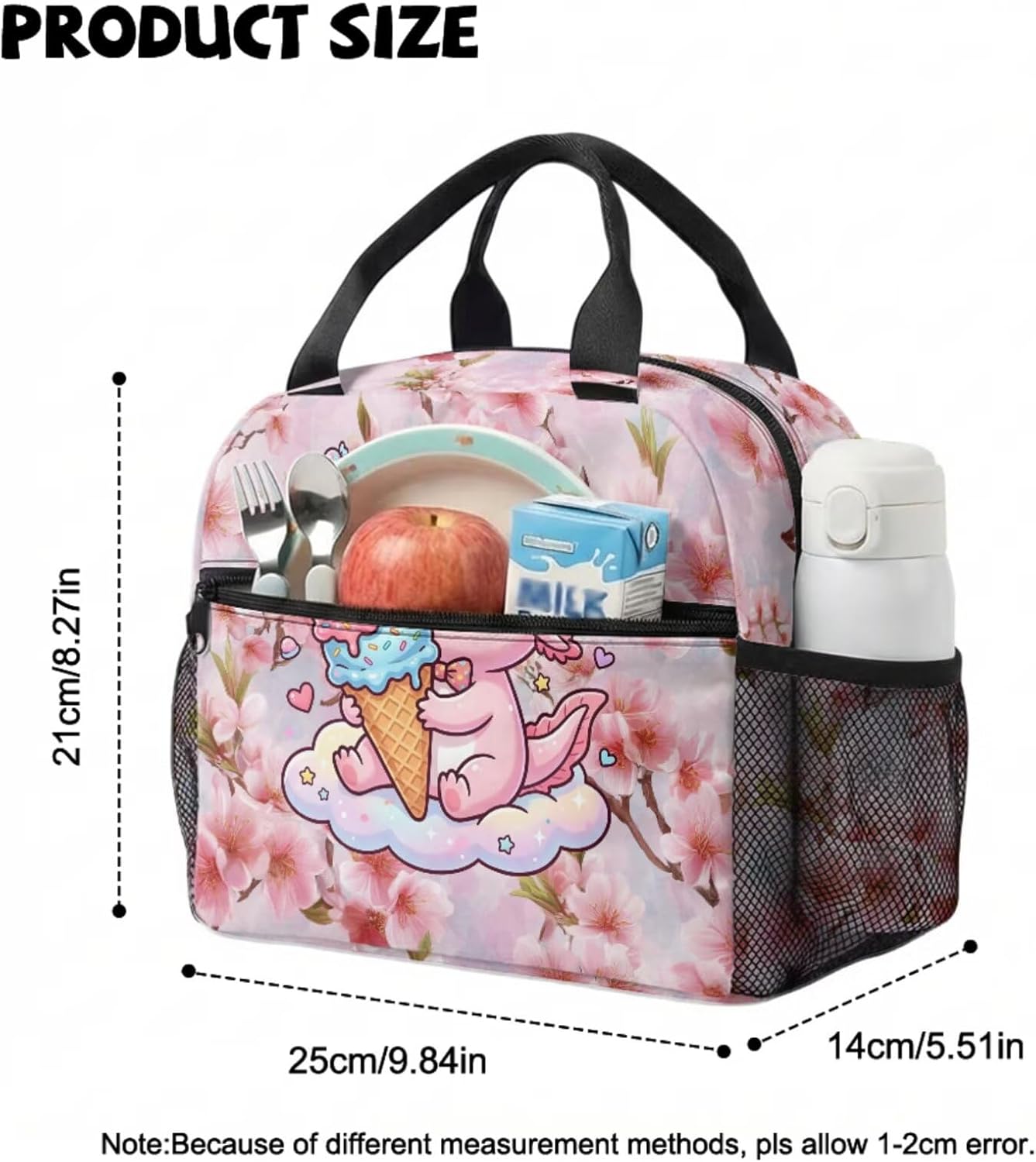 4 Pcs School Backpack Set Cherry Flower Pink Axolotl Print Elementary Student Bookbag 17 Inch Schoolbag with Lunch Box Pen Case Water Bottle Holder Bag for Outdoor