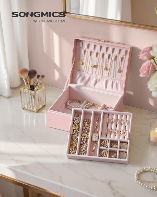 SONGMICS 2-Layer Jewelry Box Organizer, Jewelry Storage Case with Removable Tray and Handle, for Necklaces, Earrings, Rings, Bracelets, 6.7 x 8.1 x 3.7 Inches, Gift Idea, Jelly Pink UJBC208SA01S
