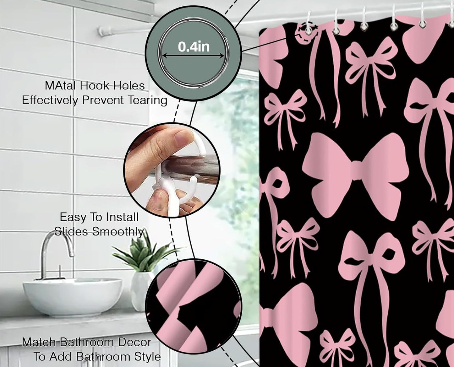Pink Bow Shower Curtain Cute Bowknot for Girls Woman Modern Aesthetic Lovely Fabric Bathroom Decor Curtain with Hooks,70Wx70H Inches