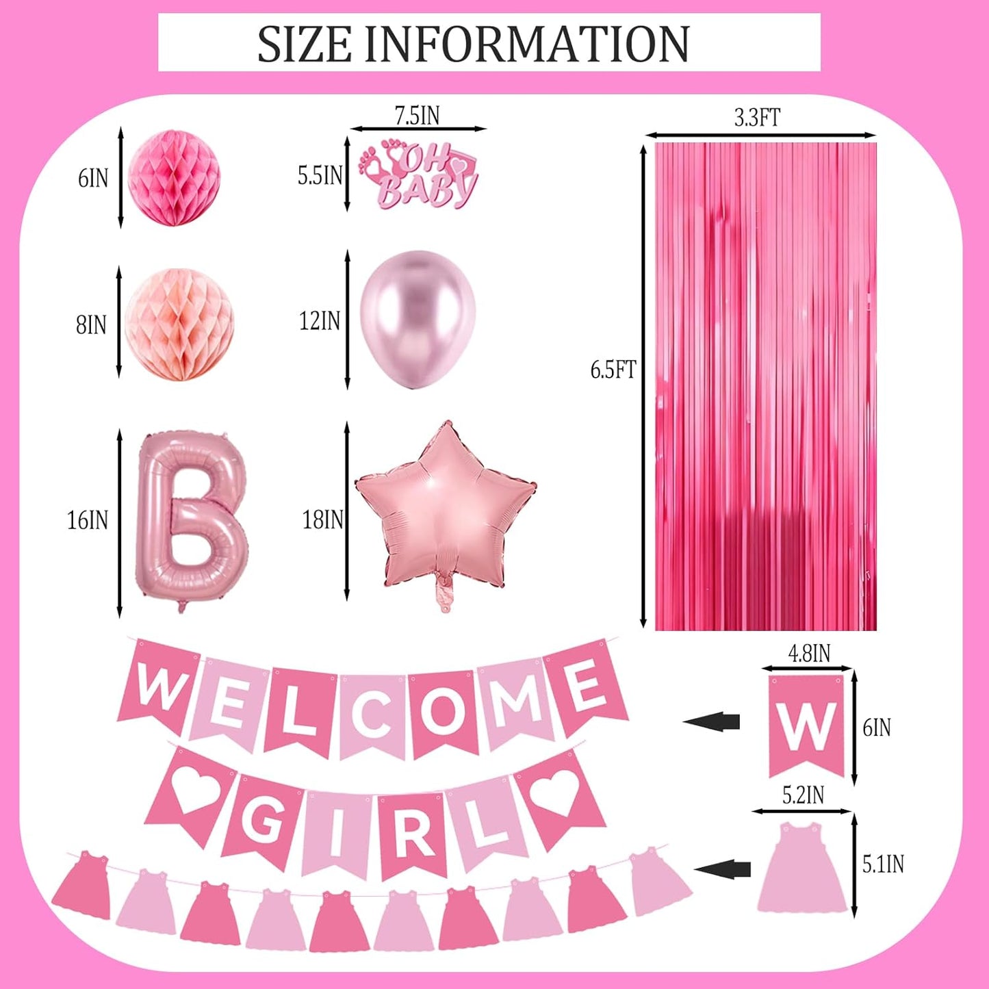 Pink Baby Shower Decorations- Girls Shower Decor Set with- Welcome Baby Banner, Clothes Banner, Fringe Curtains, Cake Topper, Honeycomb Ball, Dusty Pink Balloon and Aluminum foil Balloons (Girl)