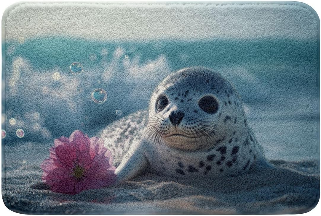 Erosebridal Cute Seal Bath Mat for Bathroom Pink Floral Cute Ocean Animal Seal Door Mat for Bedroom Fresh Summer Themed Room Decor Bathroom Rug Non Slip,Beach Coastal Bubble Entrance Rug 16"x24"