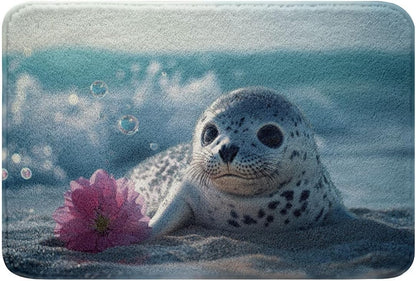 Erosebridal Cute Seal Bath Mat for Bathroom Pink Floral Cute Ocean Animal Seal Door Mat for Bedroom Fresh Summer Themed Room Decor Bathroom Rug Non Slip,Beach Coastal Bubble Entrance Rug 16"x24"