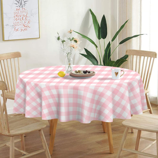 QIKSION Pink Gingham Round Tablecloth 2 Pack, 84 Inch Plastic Checkered Table Cover Disposable for Parties