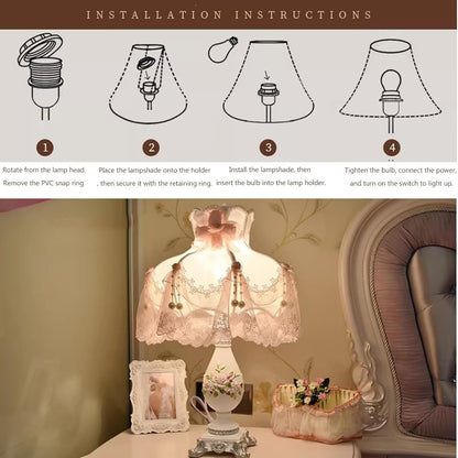 Victorian Style Table Lamp Pink Princess lamp, Romantic Bedroom Night Light with Resin Flower Carved Base, Bedside Desk Lighting for Girl's Room Bedroom Reading