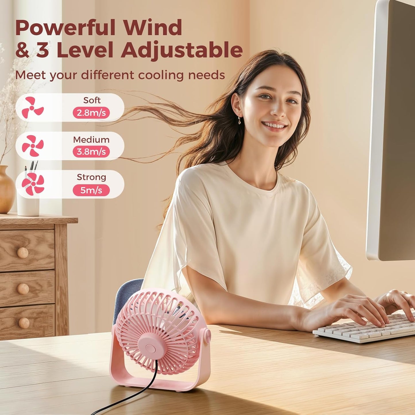 TriPole USB Desk Fan Portable Mini Fan Powerful 3 Speeds Wind Personal Desktop Fan with 360° Head Rotation for Home Office Car Indoor Outdoor Pink, No Battery, 4.5 Inches