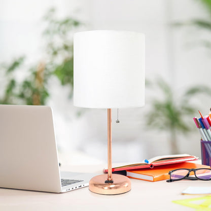 Simple Designs LT1144-RGD Sleek and Slender Rose Gold Table Lamp with Charging Outlet, for Bedroom, Living Room, Entryway, Office, Dining Room, Study, White Shade