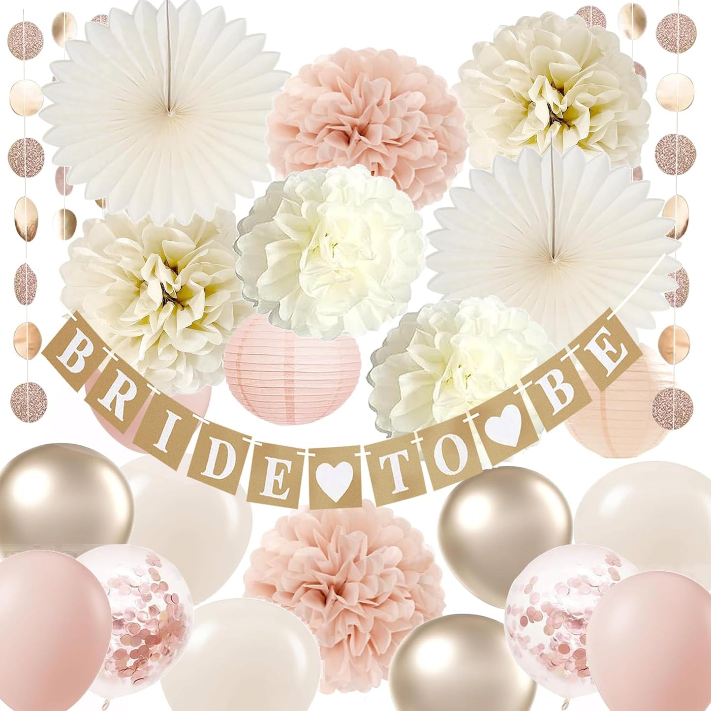 Bachelorette Decorations White Champagne-gold - Bridal Shower Party Decors with Wedding Balloons Rustic Bride to Be Banner Paper Flowers Fans (Dusty Pink + Champagne Gold)