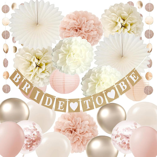 Bachelorette Decorations White Champagne-gold - Bridal Shower Party Decors with Wedding Balloons Rustic Bride to Be Banner Paper Flowers Fans (Dusty Pink + Champagne Gold)