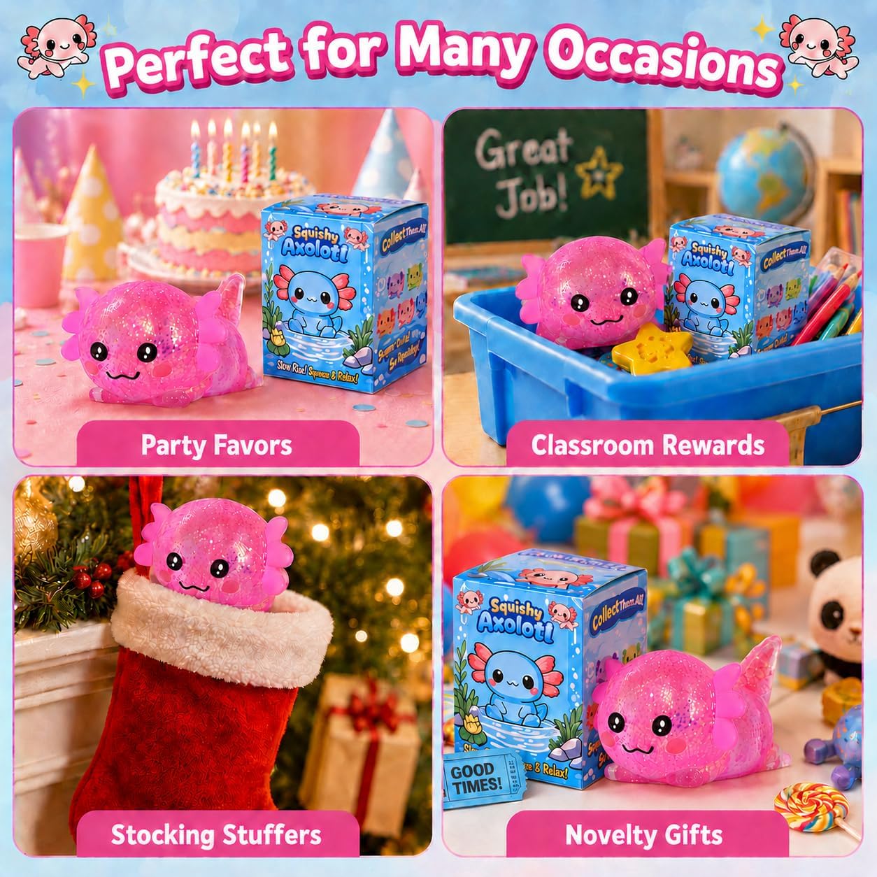 Axolotl Squishy Stress Ball, Soft TPR Slow Rising Squeeze Toy, Cute Axolotl Fidget Toy for Stress Relief, Anxiety Calming Sensory Toy for Kids Adults(Pink Lie Axolotl)