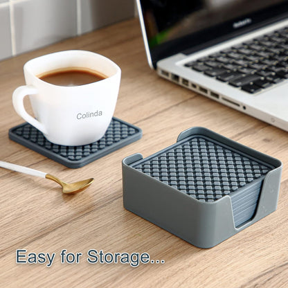 Colinda Silicone Drink Coasters with Holder, Set of 6, for Tabletop Protection and Office Desk, Cup Mat Set for Home Decor, Non-Slip and Non-Stick,Square, 4 Inch,Pink