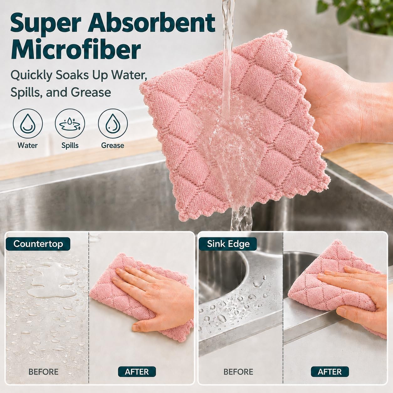 kimteny 12 Pack Dish Cloths for Washing Dishes, Super Absorbent Microfiber Kitchen Dish Rags, Fast Drying Coral Velvet Dish Cloths for Kitchen Counter and Dishes (Pink-Grey)
