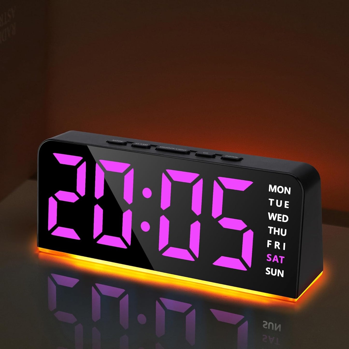 Lafocuse Digital Alarm Clock Bedside with Night Light, 6.7" LED Display Digital Clocks Type-C/Battery Powered with Snooze Adjustable Brightness Temperature for Heavy Sleepers Bedroom Office, Pink