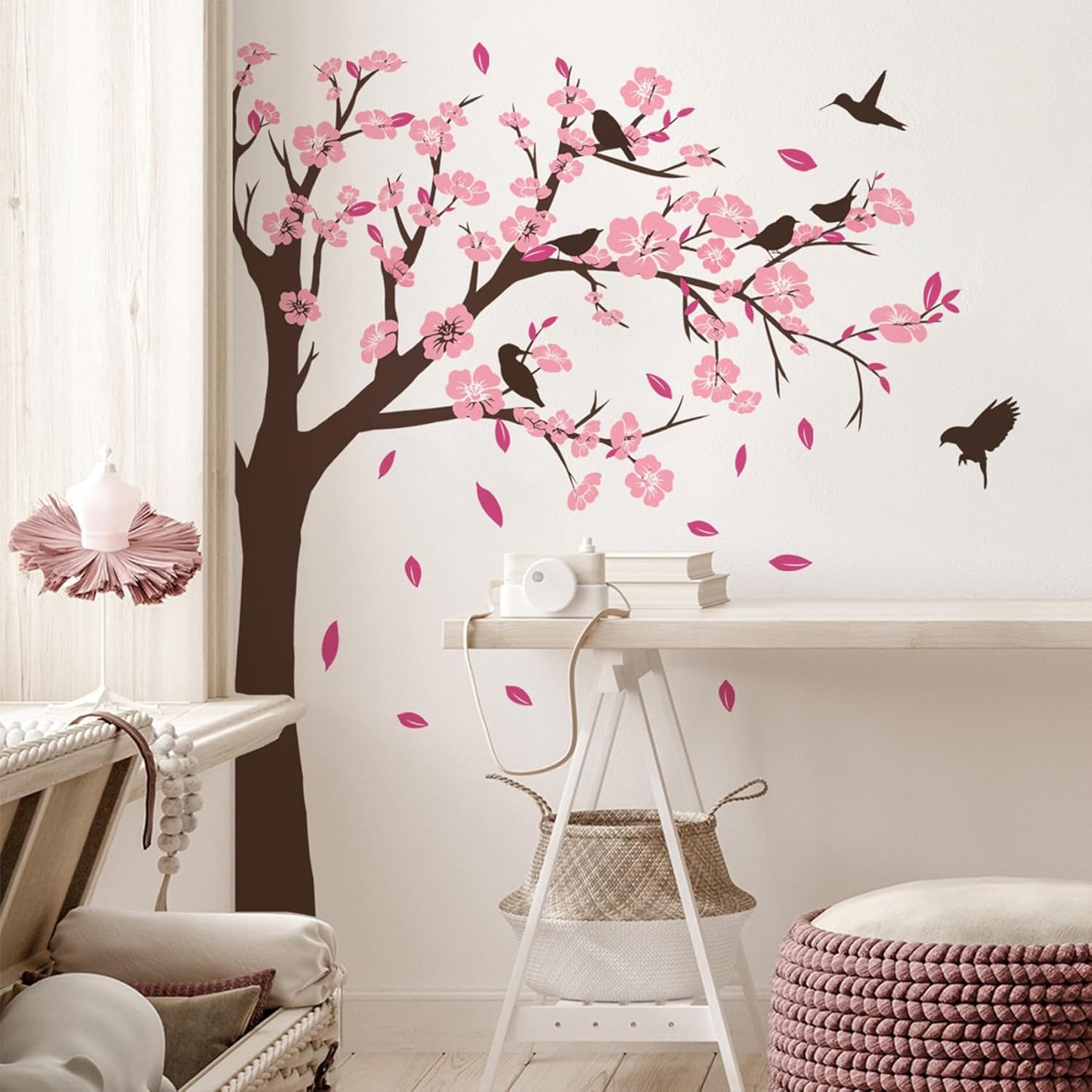 Pink Flower Tree Wall Stickers, Removable DIY Romantic Peach Blossom Tree Wall Murals Peel and Stick 3D Wall Art Stickers Murals Home Decor for Gilrs Bedroom Nursery Rooms Living Room