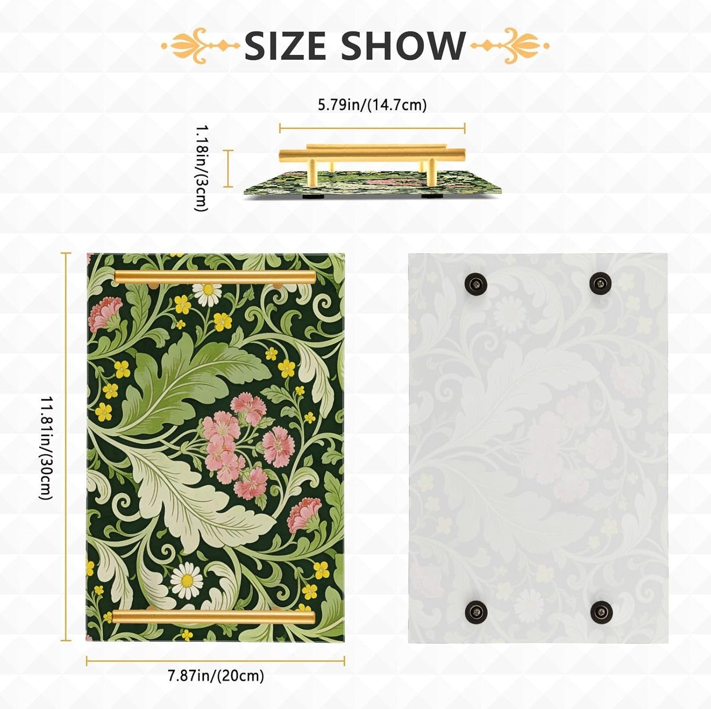 Pink Carnation Green Leaves William Morris Decorative Serving Tray with Handles Long Serving Tray for Jewelry Perfume for Bed Serving bandejas para desayuno personalizado