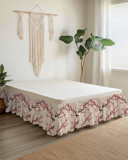 Spring Flowers Bed Skirt Queen Size 16 Inch Drop, Wrap Around Bed Skirts, Country Pink Peach Blossoms Botanical Floral Elastic Bedskirt Pleated Bed Frame Cover Luxurious Dust Ruffle for Queen Bed