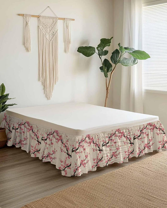 Spring Flowers Bed Skirt Queen Size 16 Inch Drop, Wrap Around Bed Skirts, Country Pink Peach Blossoms Botanical Floral Elastic Bedskirt Pleated Bed Frame Cover Luxurious Dust Ruffle for Queen Bed