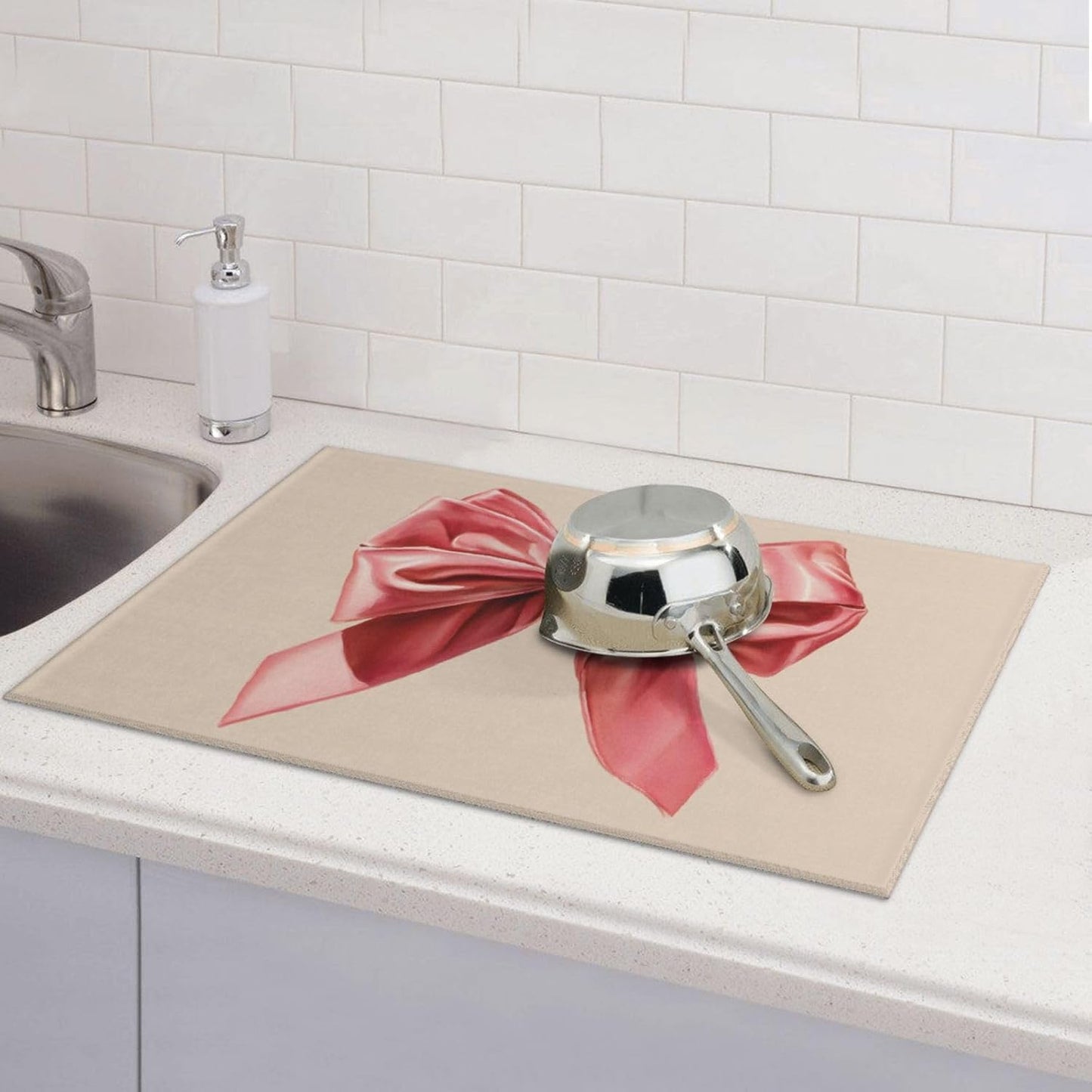 Watercolor Pink Velvet Bow On Light Beige Dish Drying Mat For Kitchen Counter, Drain Rack Mat Microfiber Quick Dry Dish Pad