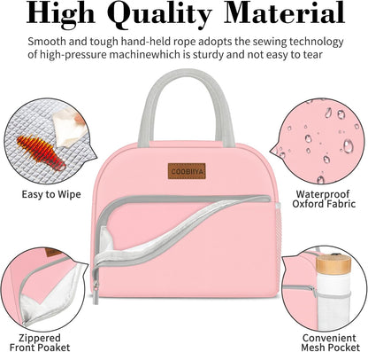 Coobiiya Lunch Bag for Women Men, Insulated Reusable Picnic Bag, 10.8"L x 6.3"W x 8.85"H, Pink