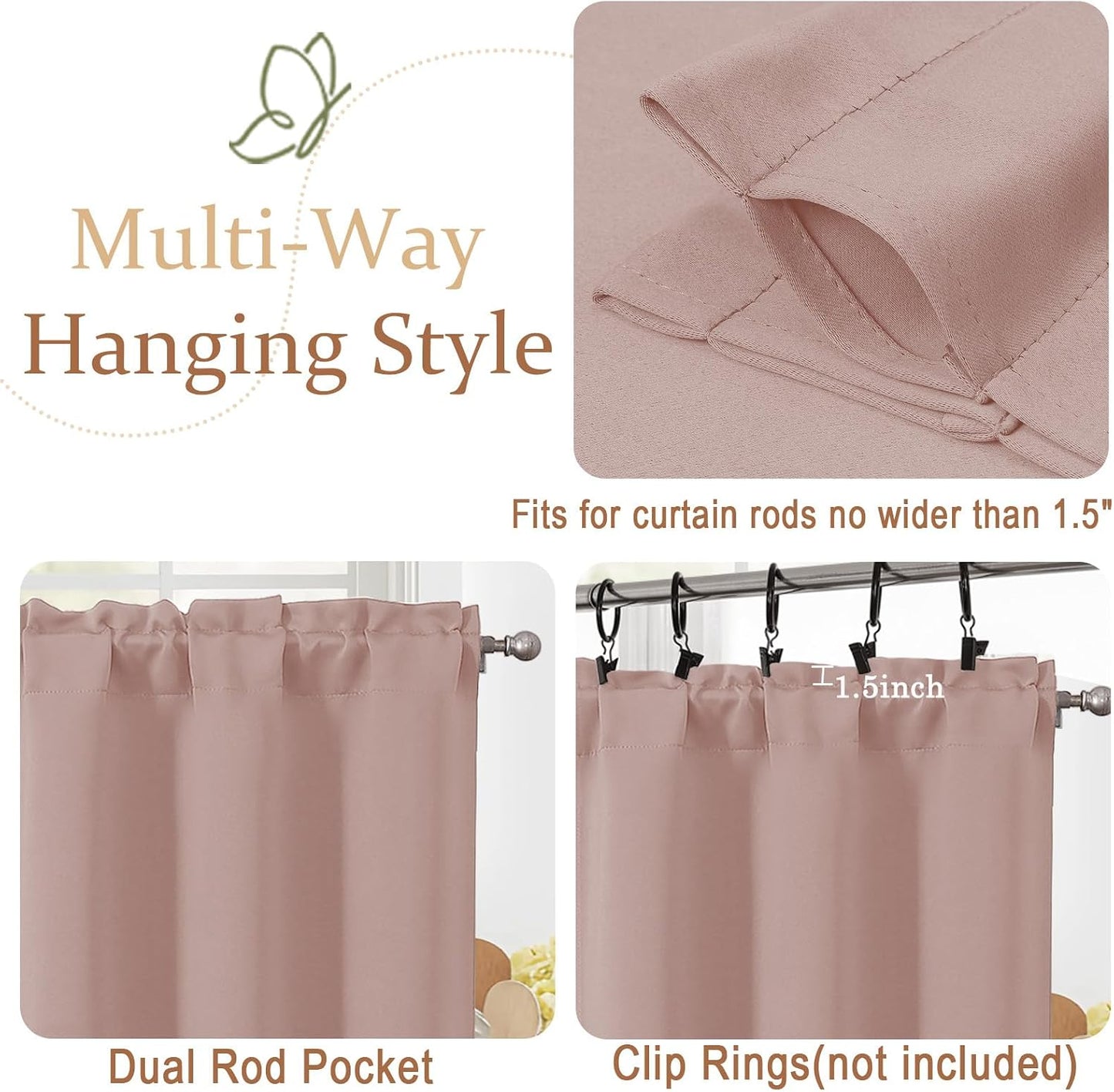 Blush Pink Valance for Windows 18 Inch Length, Thermal Insulated Short Kitchen Curtain for Laundry Basement, Dual Rod Pocket Blackout Window Valance, 1 Piece, 60Wx18L Inches