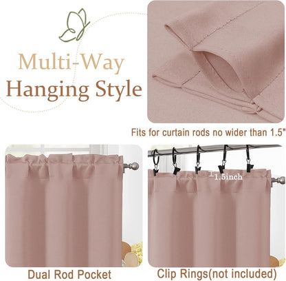 Blush Pink Valance for Windows 18 Inch Length, Thermal Insulated Short Kitchen Curtain for Laundry Basement, Dual Rod Pocket Blackout Window Valance, 1 Piece, 60Wx18L Inches