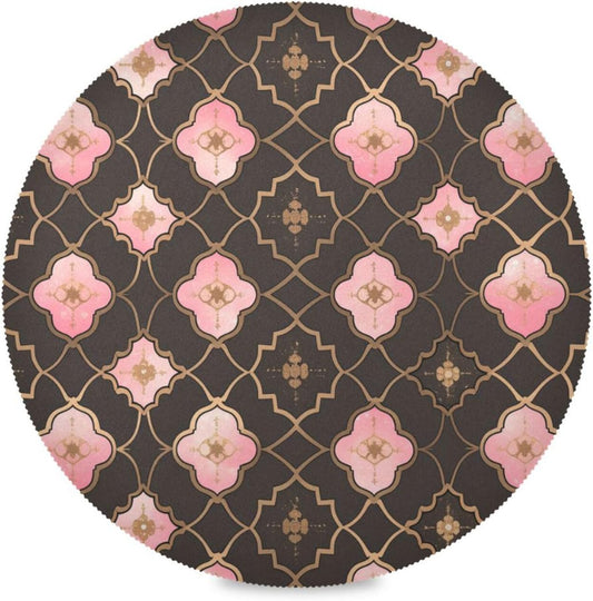 Quatrefoil Pattern Peach Gold Burlap Round placemats Dinner Waterproof 6 Piecing placemat Set 15.4x15.4in