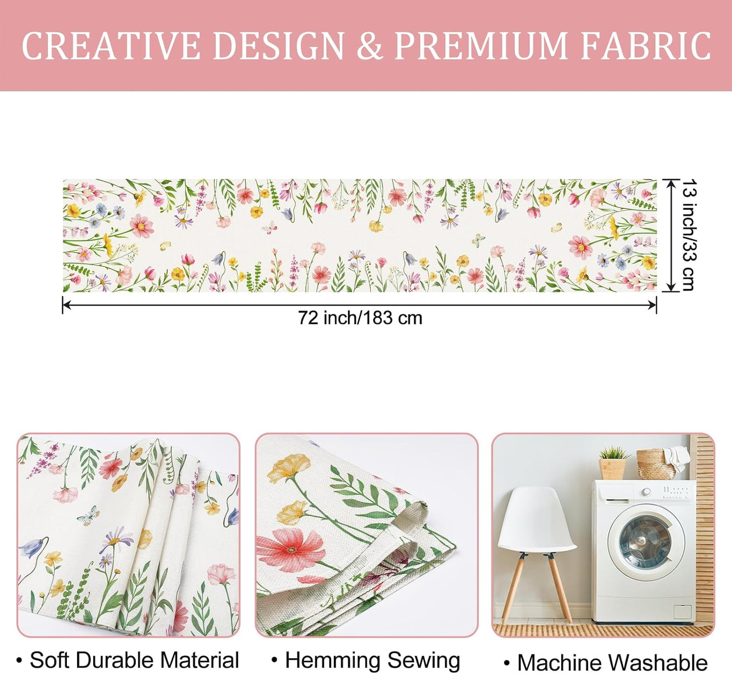 Bonhause Spring Floral Table Runner 13x72 Inch Pink Flowers Plants Leaves Butterflies Seasonal Summer Kitchen Dining Table Decoration for Indoor Outdoor Home Party Decor