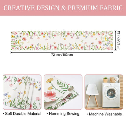 Bonhause Spring Floral Table Runner 13x72 Inch Pink Flowers Plants Leaves Butterflies Seasonal Summer Kitchen Dining Table Decoration for Indoor Outdoor Home Party Decor