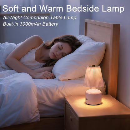 Small Bedside Lamp Rechargeable Table Lamp, Touch Lamps for Nightstand 3 Color Stepless Dimming, Metal Base Pleated, for Bedside, Bedroom, Dining Room, Living Room (Pink)