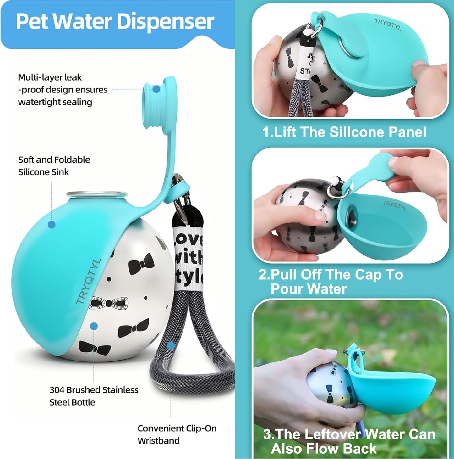 Dog Water Bottle, 10oz Stainless Steel Portable Dog Water Bottle with Foldable Silicone Bowl, 2-in-1 Portable Dog Water Bowl for Water & Food, Water Dispenser for Dogs Walking (Pink)