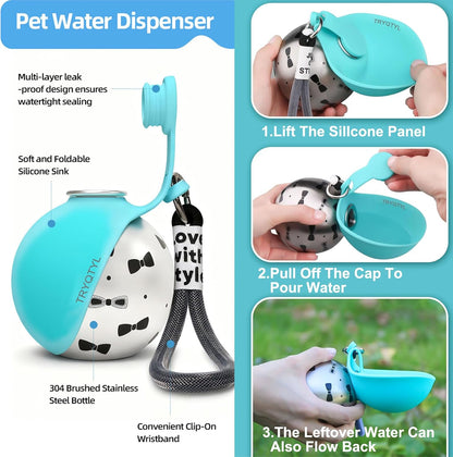 Dog Water Bottle, 10oz Stainless Steel Portable Dog Water Bottle with Foldable Silicone Bowl, 2-in-1 Portable Dog Water Bowl for Water & Food, Water Dispenser for Dogs Walking (Pink)