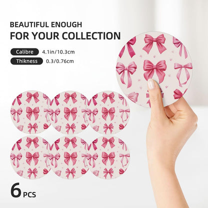 Light Pink Bows in Three Rows Ceramic Coasters with Holder Set of 6 Coffee Cup Drink Coasters