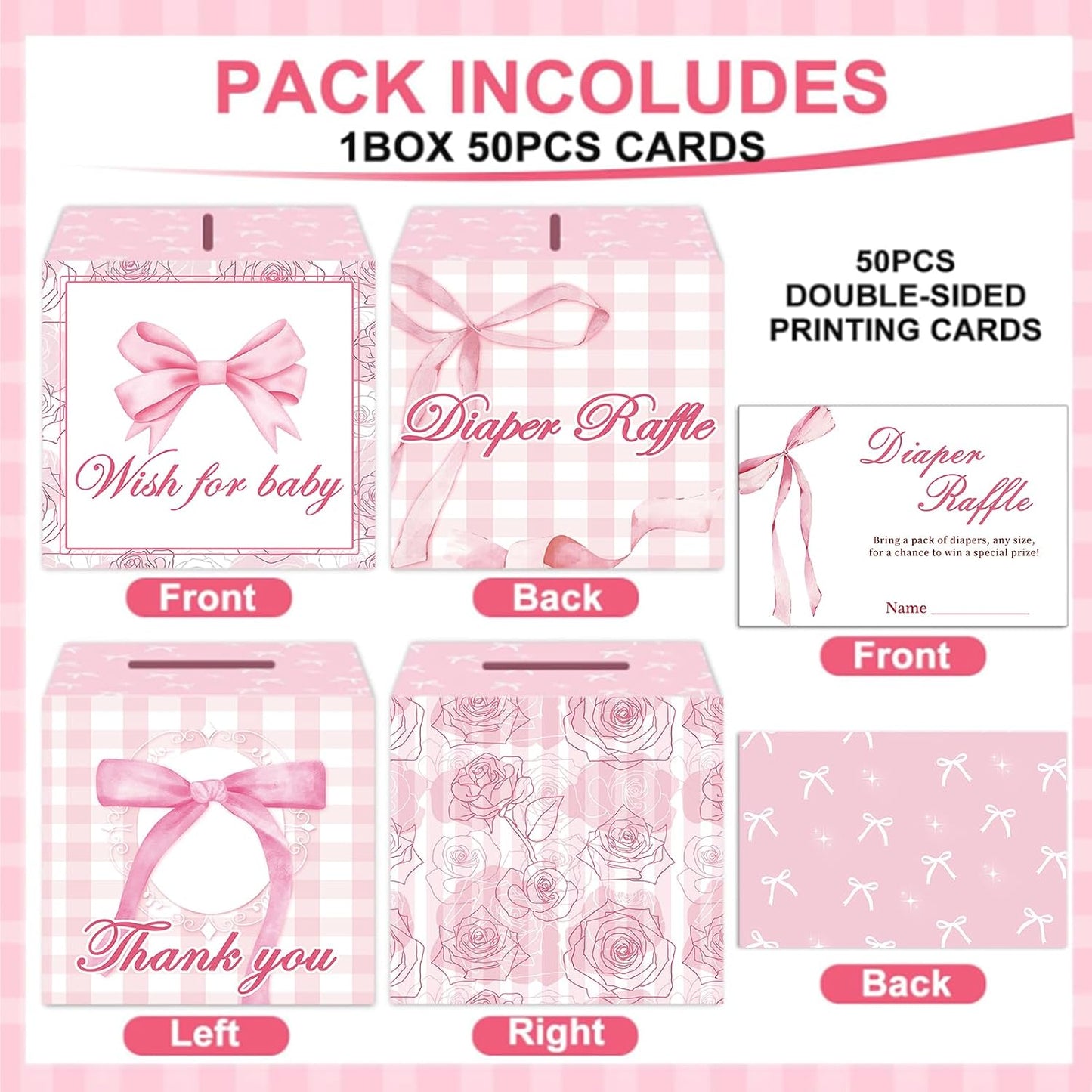51Pcs Diaper Raffle Box and Diaper Raffle Tickets, Pink Bow Baby Shower Decorations for Girl，Hilarious Baby Shower Games for Girl