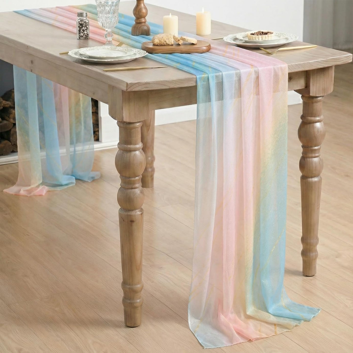 Artoid Mode Boho Gradient Pink Blue Stripes Spring Chiffon Table Runner 120 Inches 10FT,Seasonal Fabric Kitchen Dining Holiday Table Decor for Home Party