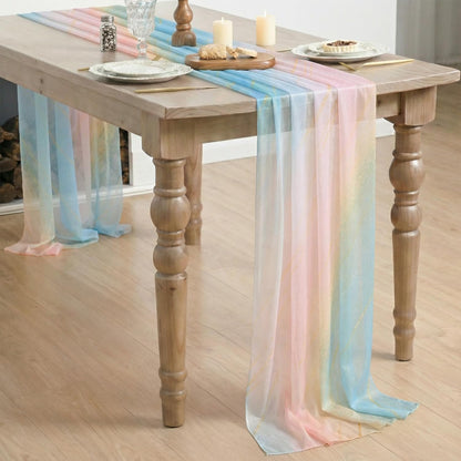 Artoid Mode Boho Gradient Pink Blue Stripes Spring Chiffon Table Runner 120 Inches 10FT,Seasonal Fabric Kitchen Dining Holiday Table Decor for Home Party