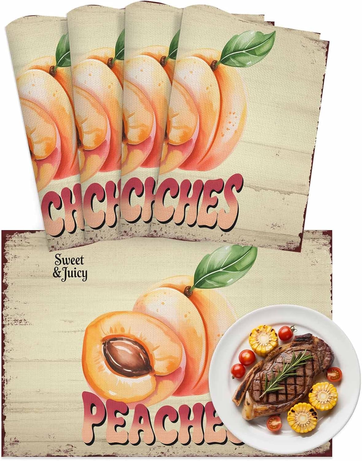 Pink Peaches Placemats Set of 4, Washable PVC Kitchen Table Mats Place Mats, Vintage Farmhouse Botanical Fruit Leaves Woven Vinyl Placemat for Dining Table, 13" x 19"